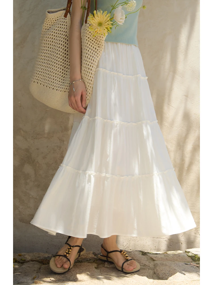 ZIQIAO Women Long White Skirts Temperament Summer Thin A-LINE Cake Skirt Commuter Elastic Waist Midi Female Skirt 24ZQ92484