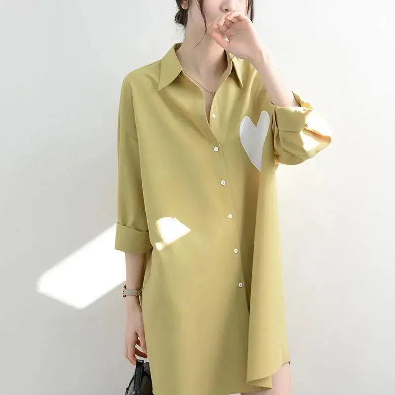 Korean Version Simplicity Commute Printing Color Collision Love Leisure Fashion Temperament Women's Shirt Summer Spring 2024