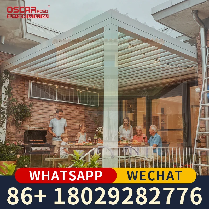 Techo de aluminio motorizado para exteriores con iluminación RGB regulable e impermeable, estructura bioclimática moderna para jardín, patio y piscina