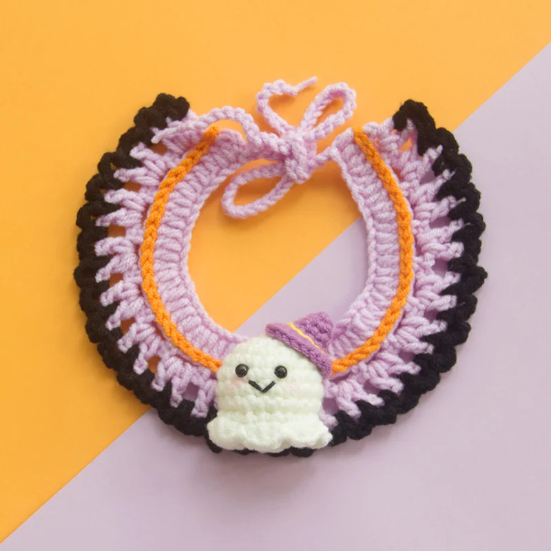 Halloween Ghost Festival Cat Crochet Collar Dog Pet Bib Decoration Collar Pumpkin Handmade Wool Knitting Dog Bandana