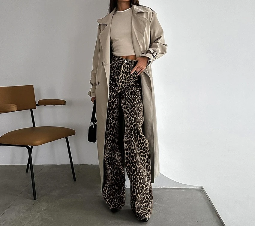 Fashionable  Cotton Leopard Print Casual Wide-leg Pants 2025 Autumn New Print Comfortable Street Trousers for Women