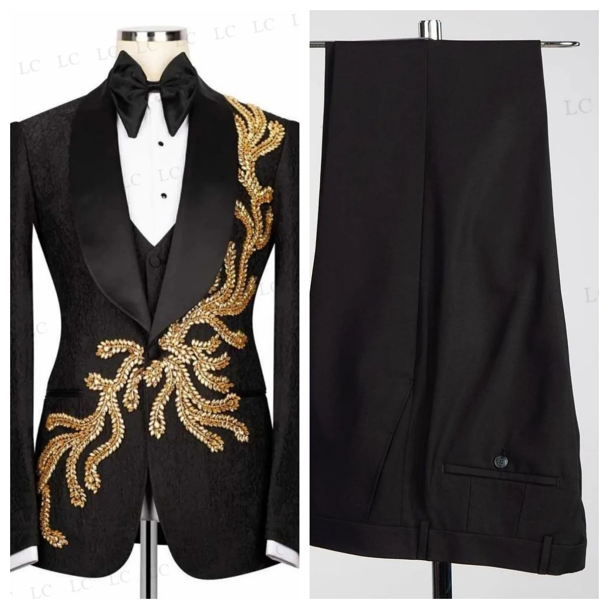 

3 Pieces Jacquard Blazer Vest Pants Men Suits Satin Lapel Appliques Beadings Tuxedo Slim Wedding Groom Prom Plus Size Customed