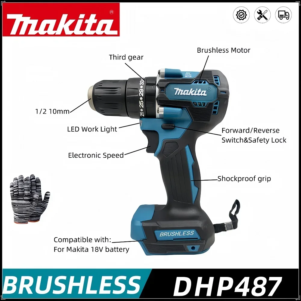 Makita DDF487 Rechargeable Cordless Electric Drill 10mm Brushless Electric Impact Screwdriver Power Tools 18V Battery