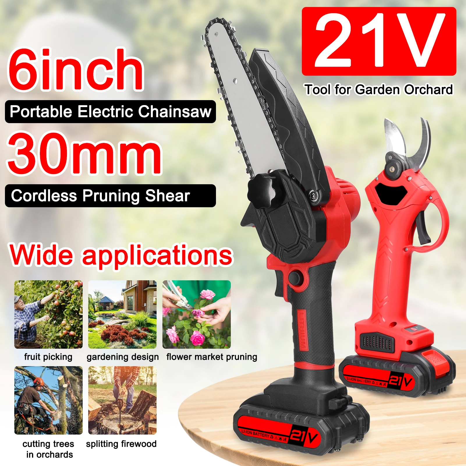 

21V 6inch Electric Chainsaw and 25mm Cordless Pruning Shear Set Wood Splitting Cutting Machine Kit Handheld Woodworking Tool