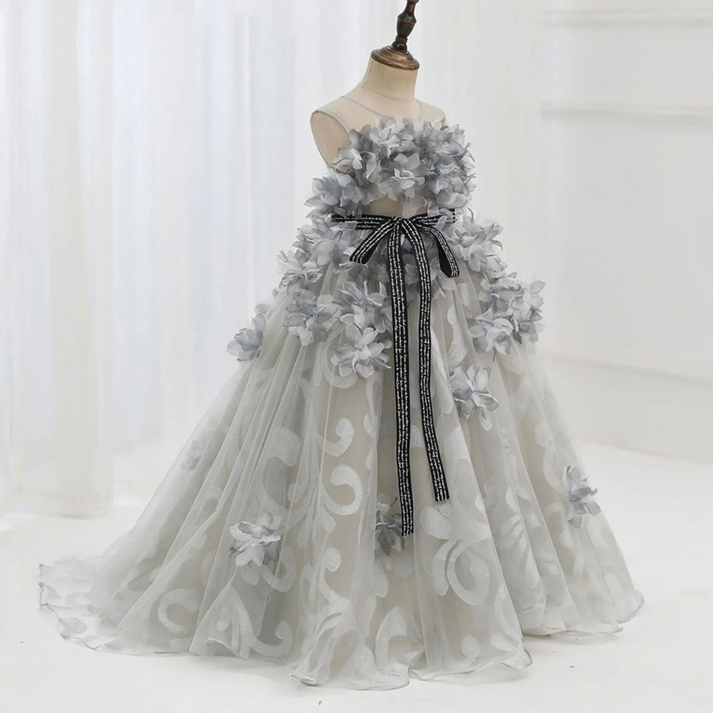 Jill Wish Luxury Gray Kids Girl Dress Handmade Flower Ribbons Princess A-Line Gown for Birthday Wedding Party Honors Day J018