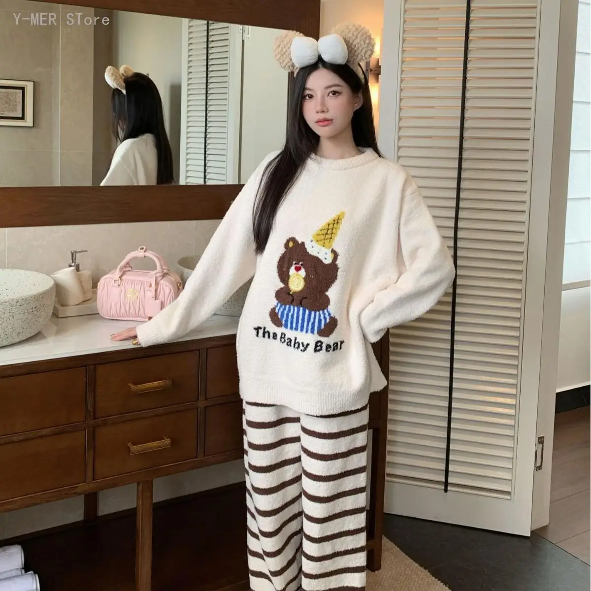 Women Winter Sweet Cartoon Half Sided Fleece Pajama Set Thick Warm Fuzzy Long Sleeve Long Pants Soft Casual Sleepwear