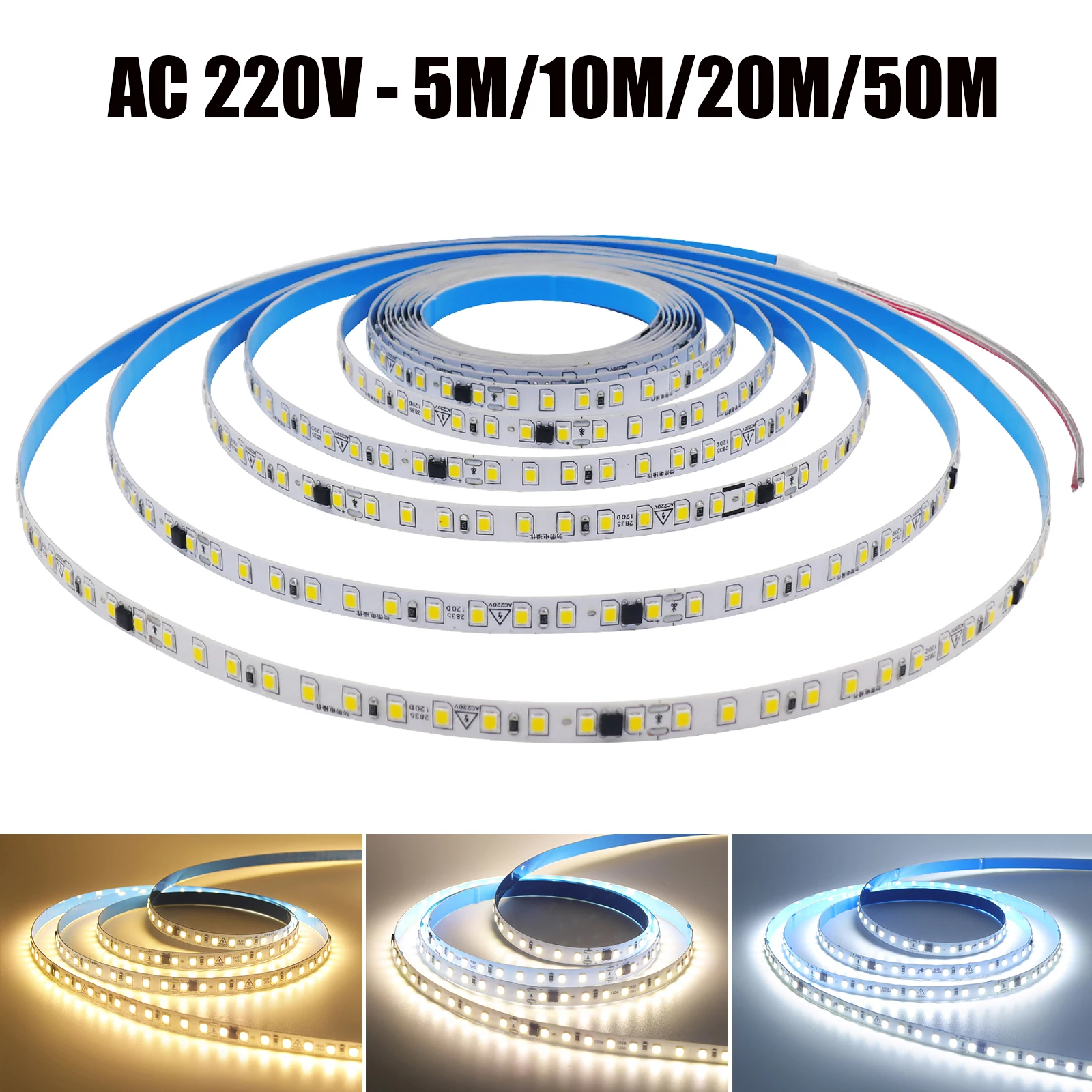 AC 220V LED Strip SMD 2835 120Leds/M IP44 3000K 4000K 6000K  5M 10M 50M/Roll Flexible Ribbon Rope Tape LED Light For Home Decor
