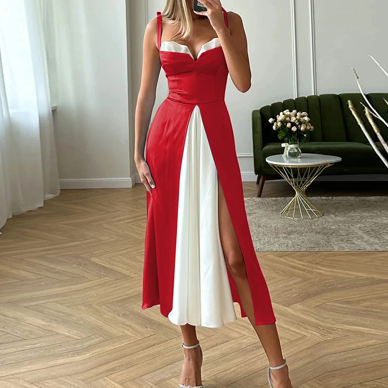 Summer V Neck High Waist Long Party Dress Elegant Contrasting Color High Split Holiday Dress Lady A-line Pleated Bow Sling Dress