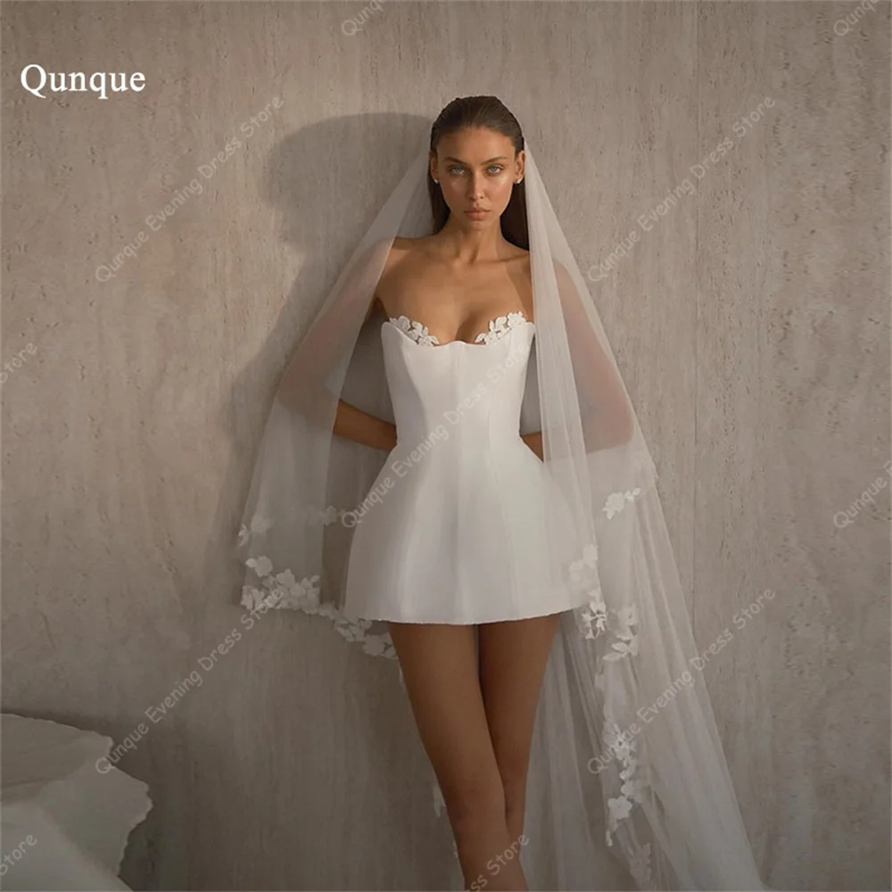 Qunque Sexy Mini Satin Wedding Party Dresses Sweetheart Lace Short Vestido De Novia Backless Women Robe De Mariée Customized