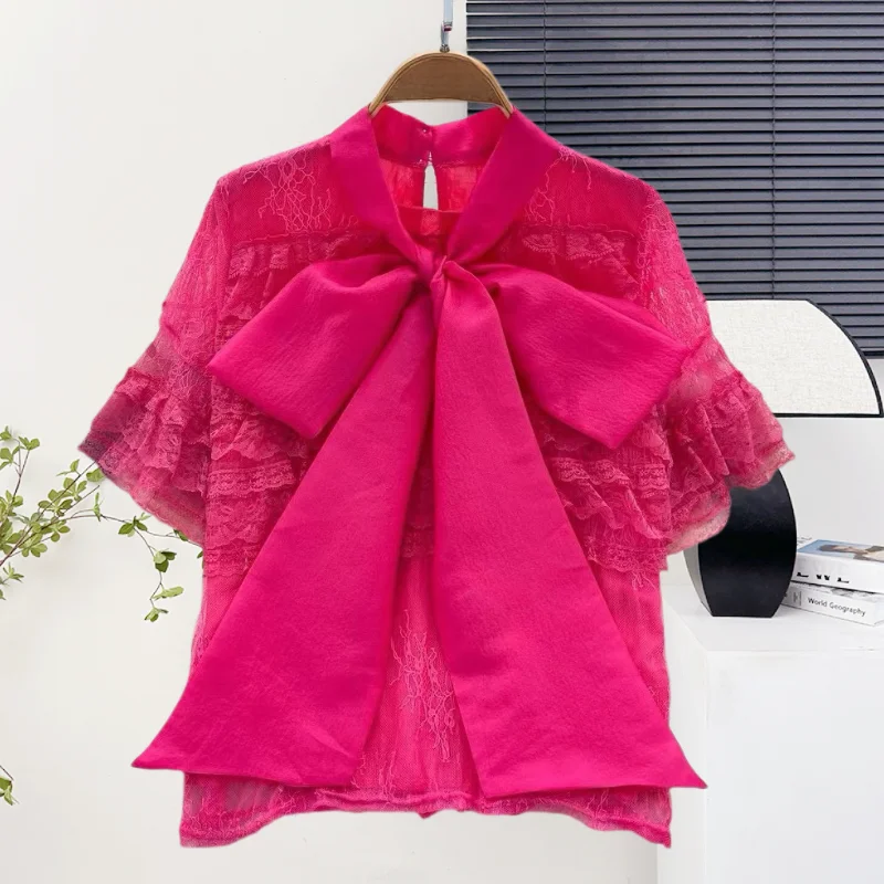 

2025,New,European,Clothes,Loose,Blouse,Fashion,Sexy,V-Neck,Big bow,3D,Patchwork,Lace,Women,Flare Sleeve,Pullover,Tops,56042