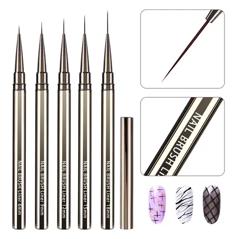 Ensemble de pinceaux à ongles avec manche en métal, dessin de lignes, rayures, peinture, stylo à fleurs, nail art, manucure, 6mm, 9mm, 12mm, 15mm, 18mm, 5 pièces par ensemble
