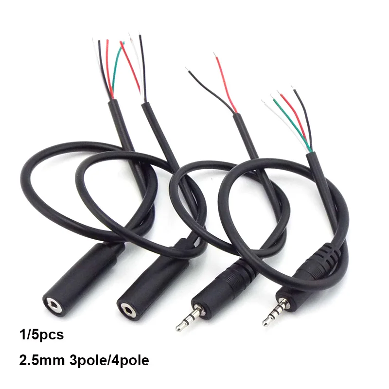 New 2.5mm Male Female DIY Audio Repair Cable Mono 2pole 3pole 4 pole Connector Plug 3pin 4pin Extension Wire Charger 25CM C3