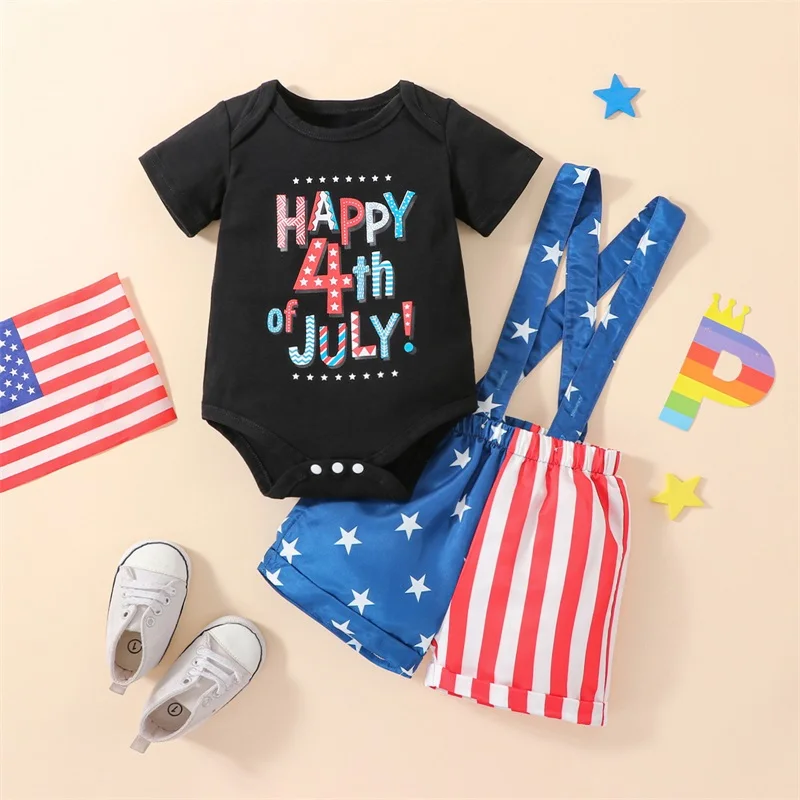 

Lioraitiin 0-12M Infant Baby Boys 4th of July Clothes Sets Short Sleeve Letter Print Romper + Striped Star Suspender Shorts