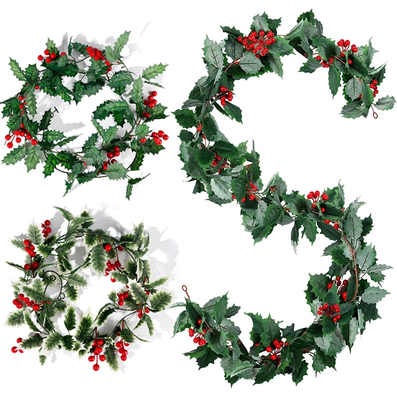 2M Artificial Holly Leaf Vine Red Berry Christmas Garlands Rattan Xmas Tree Hanging Ornaments DIY Home Decoration Fake Plants