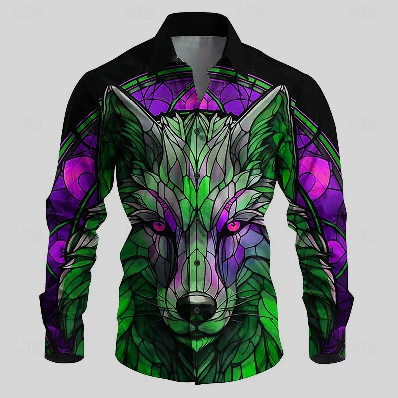 Fashion National Totem Men Casual Stylish Lapel Button Shirt 3D HD Print Wolf Totem Blue Purple Red Series Men's Tops Plus Size