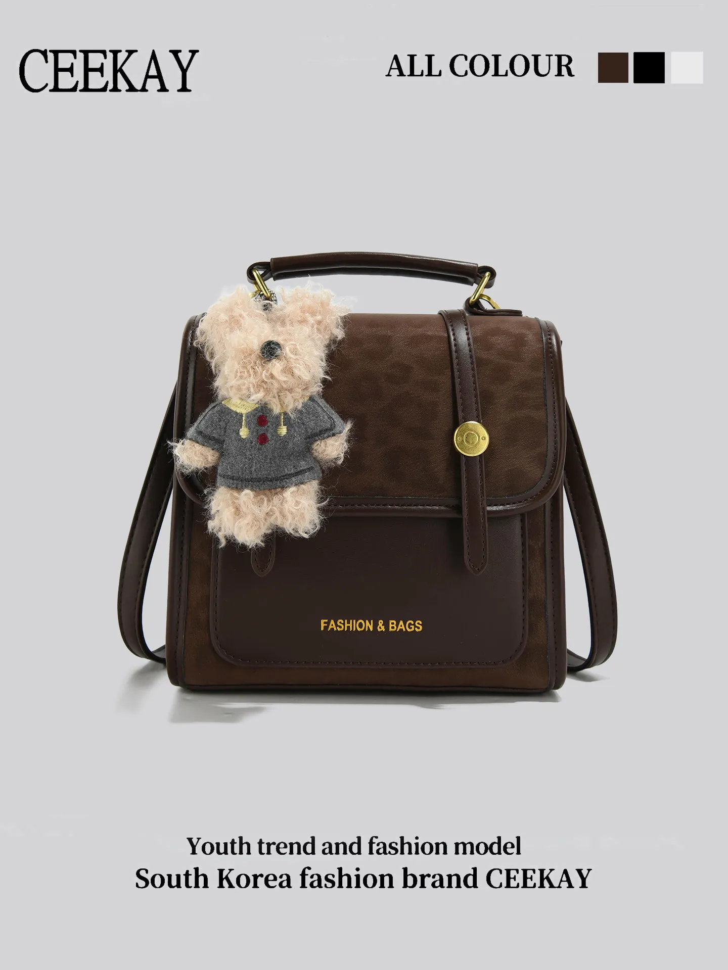 

CEEKAY College Style Small Square Bag, Patchwork Leather Tote with Dog Pendant, Casual Crossbody Bag crossbody bags for women