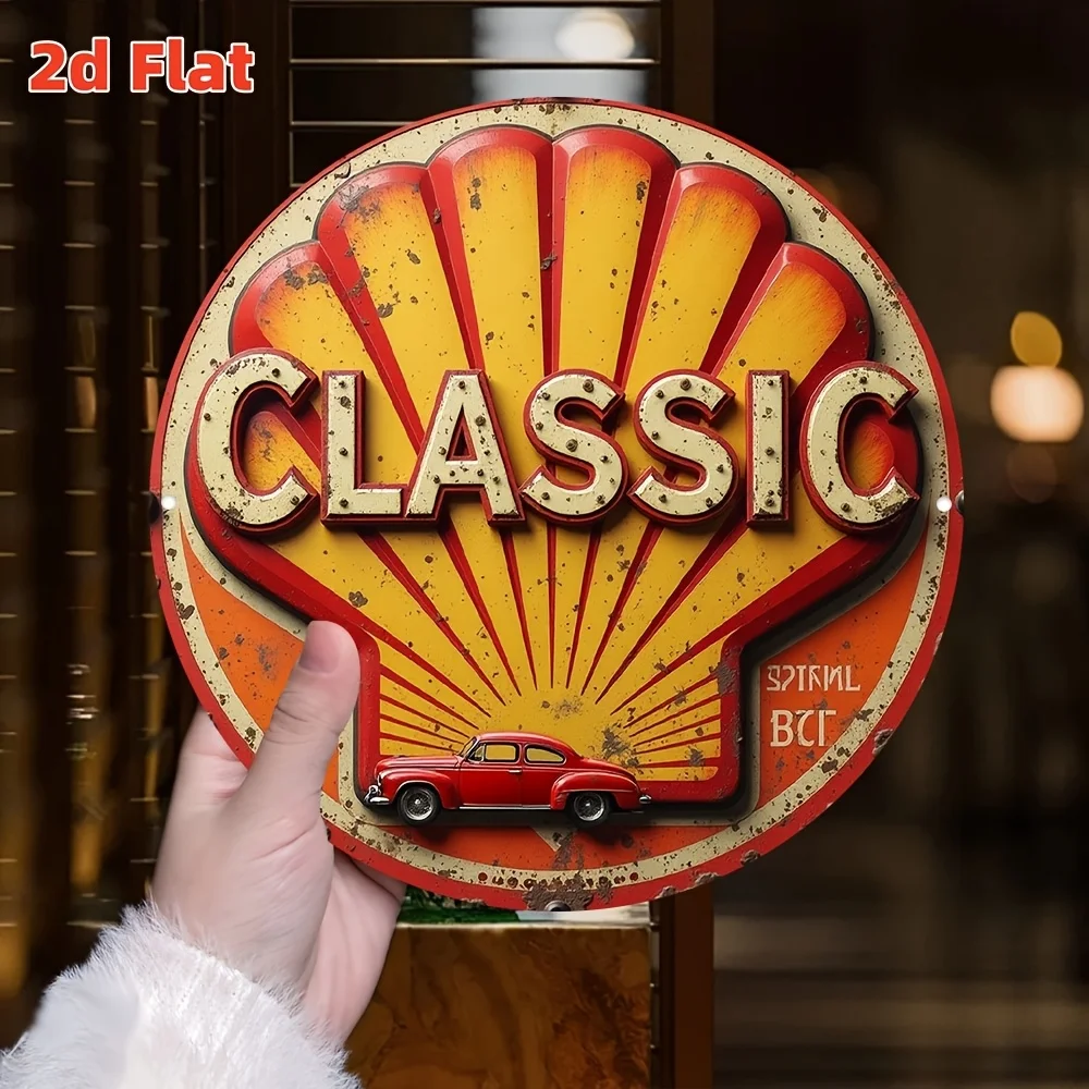 2D Flat - Vintage Shell Gas Station Sign - 8x8 Inch Aluminum Tin Wall Decor with Red Car & Sunburst Design, Waterproof & Dustpro