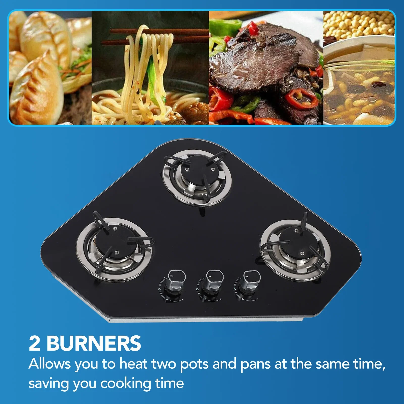 

Gas Stove Top Tempered Glass Panel Stainless Steel 3 Burner 1.8Kw Gas Cooktop for Boat Caravan RV Camper