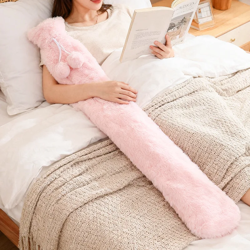 Hot 76x11cm Extra Long Hot Water Bottles Bag Pink Gray Removable Cover Extra Long Rubber Hot Water Bottle Waist Hand Foot Warmer