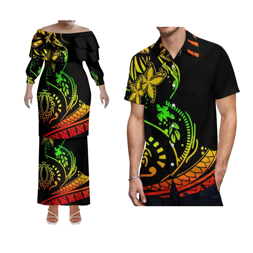 เสื้อเชิ้ตเสื้อผ้าสตรีชนเผ่าโพลีนีเซียนสั่งทําคู่ Puletasi ที่ทันสมัยมีลายพิมพ์สไตล์ฟิจิ