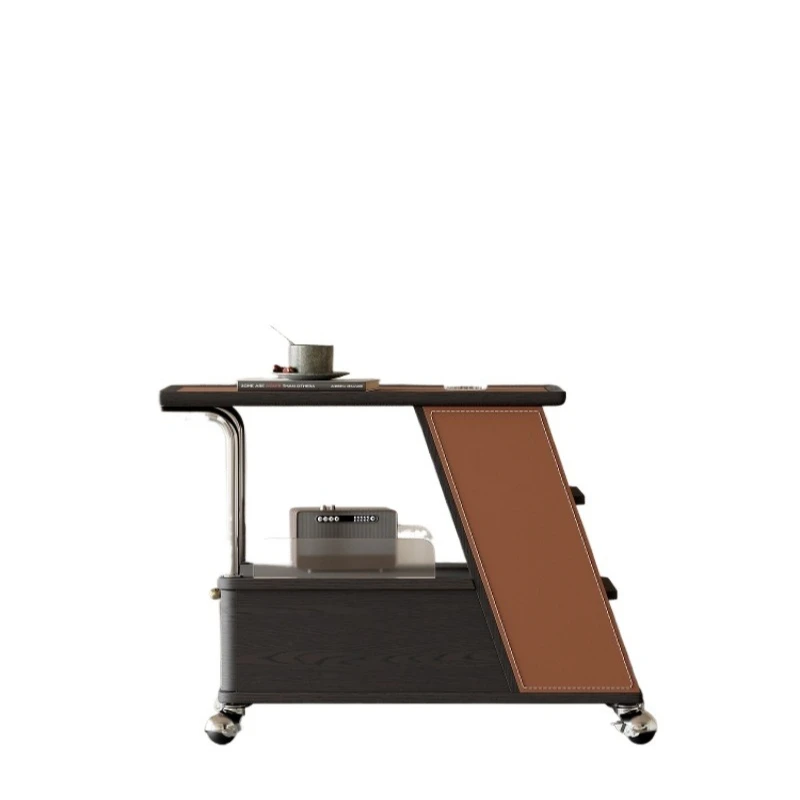 

Minimalist saddle leather cart side living room, movable sofa side cabinet