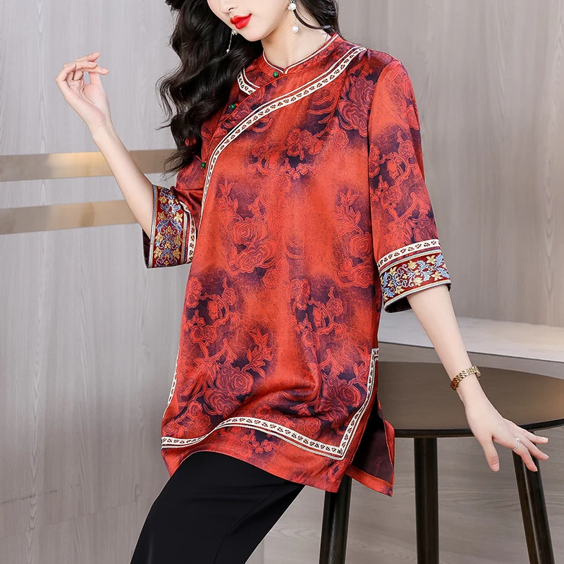 

2025 Spring Vintage Florla Natural Silk Satin Tops and Blouses Summer Embroidery Casual Office Shirt Elegant Bodycon Blouses