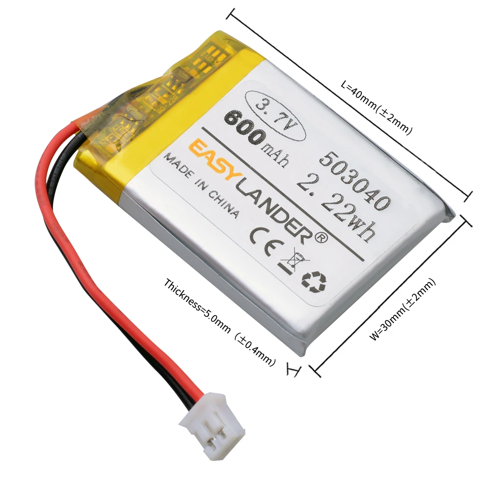 3.7V 600mAh Lithium Polymer Lipo Rechargeable Battery 503040 For JST PH 2.0mm 2pin Plug For Camera GPS Bluetooth Electronics