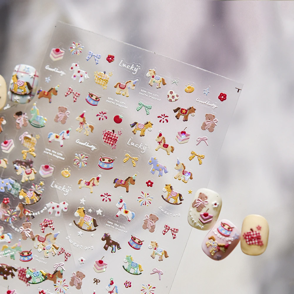 Naklejki na paznokcie 5D z motywem noworocznym, tłoczone konie trojańskie/niedźwiedzie, samoprzylepne, różowe kokardki, kreskówkowe konie, naklejki kawaii, kolorowe slidery z koniem.