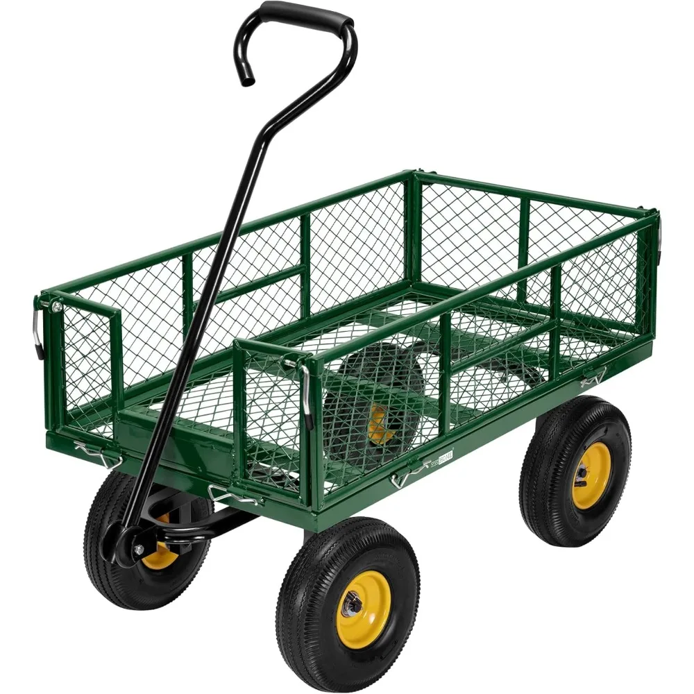 

Heavy Duty 880 Lbs Capacity Mesh Steel Garden Cart Folding Utility Wagon with Removable Sides and 4.10/3.50-4" Wheels 10 inch