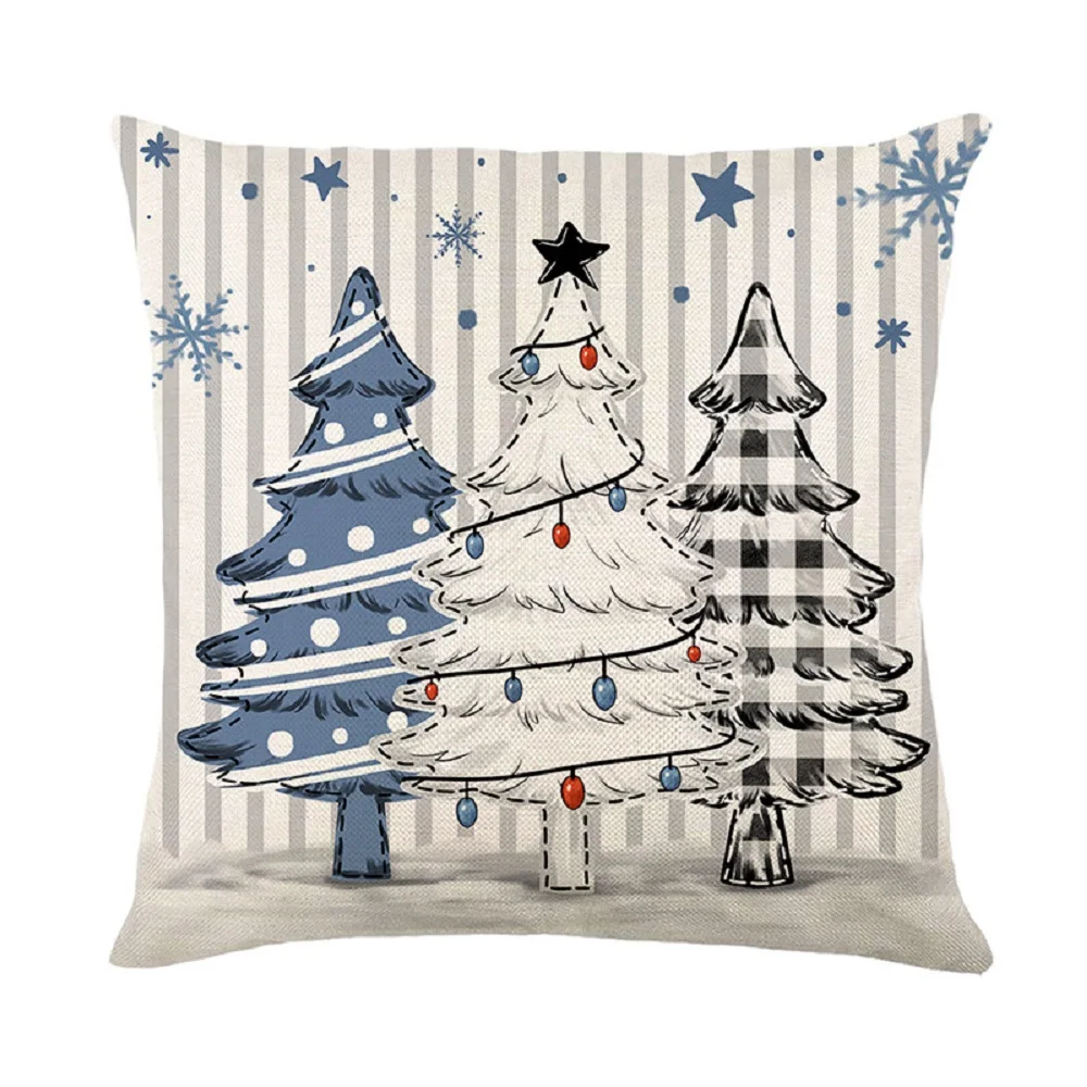 Blue Christmas Throw Pillow Linen Plaid Printed Snowman Decorative Sofa Pillow Christmas Plaid Throw Pillow Home Decoration