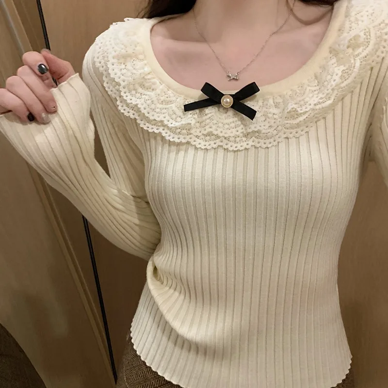 Neploe Sweet Lace Bow O-neck Bottoming T-shirts Spring New Slim Fit Black Tee Shirt Y2k Flare Sleeve Knitted Tops Women