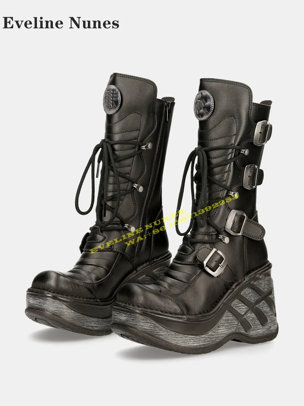 

Cyberpunk Wedges Heavy Metal Motorcycle Boots 2024 Round Toe Height Increasing Lace Up Side Zip Couple Plus Size Mid Calf Boots