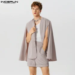 INCERUN 2024 Men Sets Solid V Neck Long Sleeve Hollow Out Irregular Cloak & Shorts 2PCS Streetwear Fashion Men's Casual Suits