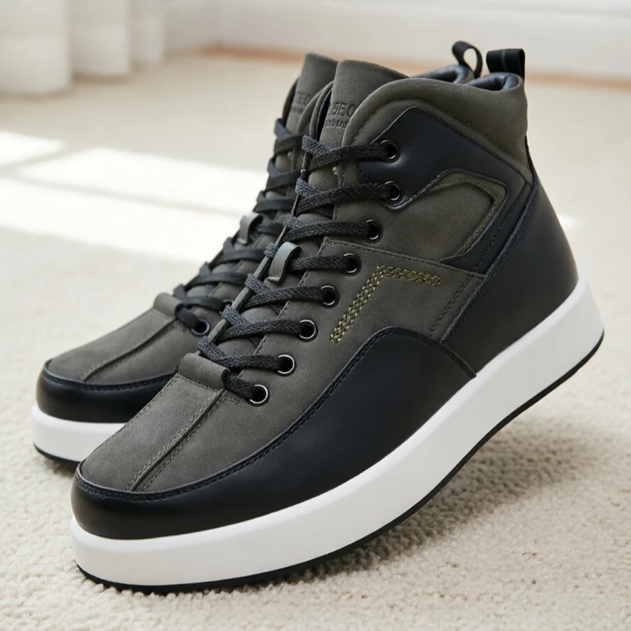 Desaidb Men Winter Fleece‑Lined High Top Boots, Color Block Side Zipper Thick Sole Oxford Boots, Non‑Slip Wear‑Resistant Warm