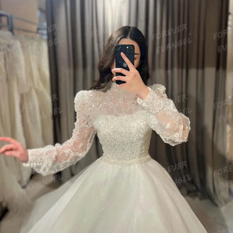 優雅な輝きのウェディングドレス女性のエレガントなアップリケハイネック花嫁ドレス長袖フォーマル Vestidos デノビアカスタマイズ