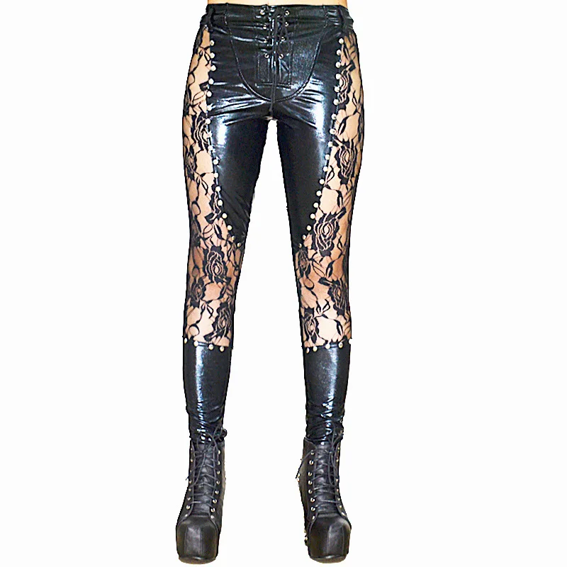 Women's Sexy Faux Leather Black Lace-Up Leggings Wet Look Rivet Detail Gothic Lace Clubwear Pants for Ladies Pencil Leggings