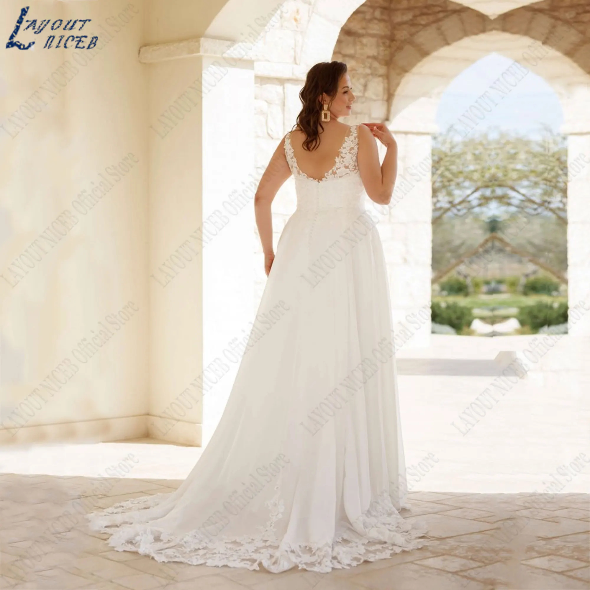 DISPOSITION NICEB-Robes de mariée Boho, robes de mariée en mousseline de soie, robe de mariée A-Line, appliques en dentelle à col en V, robe éducative, 2024Niceb bohème plus taille robe de mariée 2024 mousseline de soi