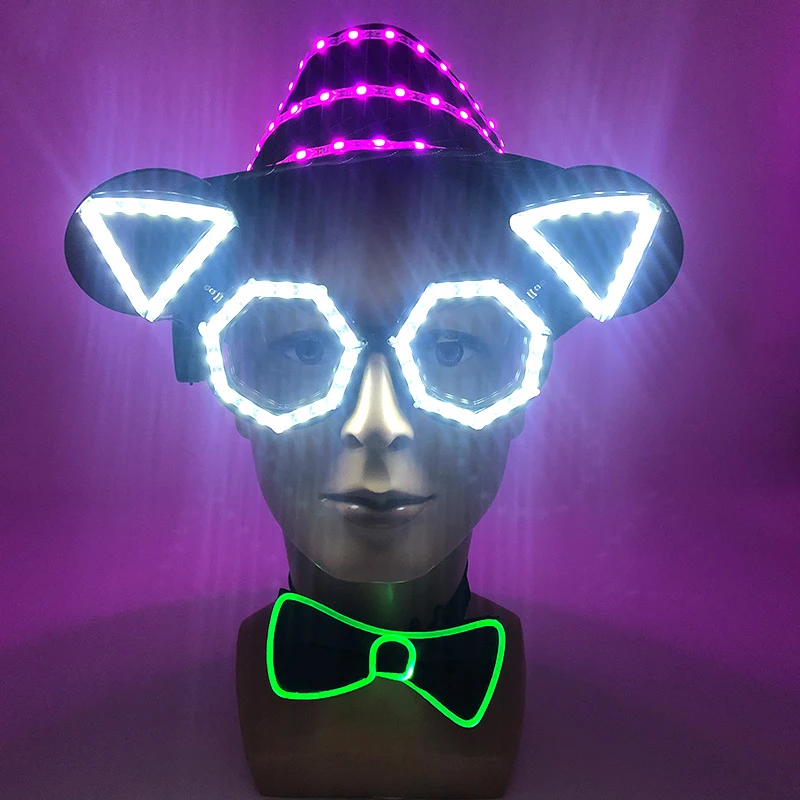

Светящийся набор для выступлений, концертные танцевальные сценические аксессуары для ночного клуба для певицы, светодиодные очки с кошачьими ушками, шляпа Fedora с подсветкой