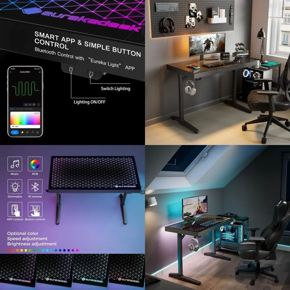 

Игровой стол с 43 RGB LED-лампами, закаленным стеклом, синхронизацией музыки, 4 USB-портами, держателем для контроллеров, управлением через приложение