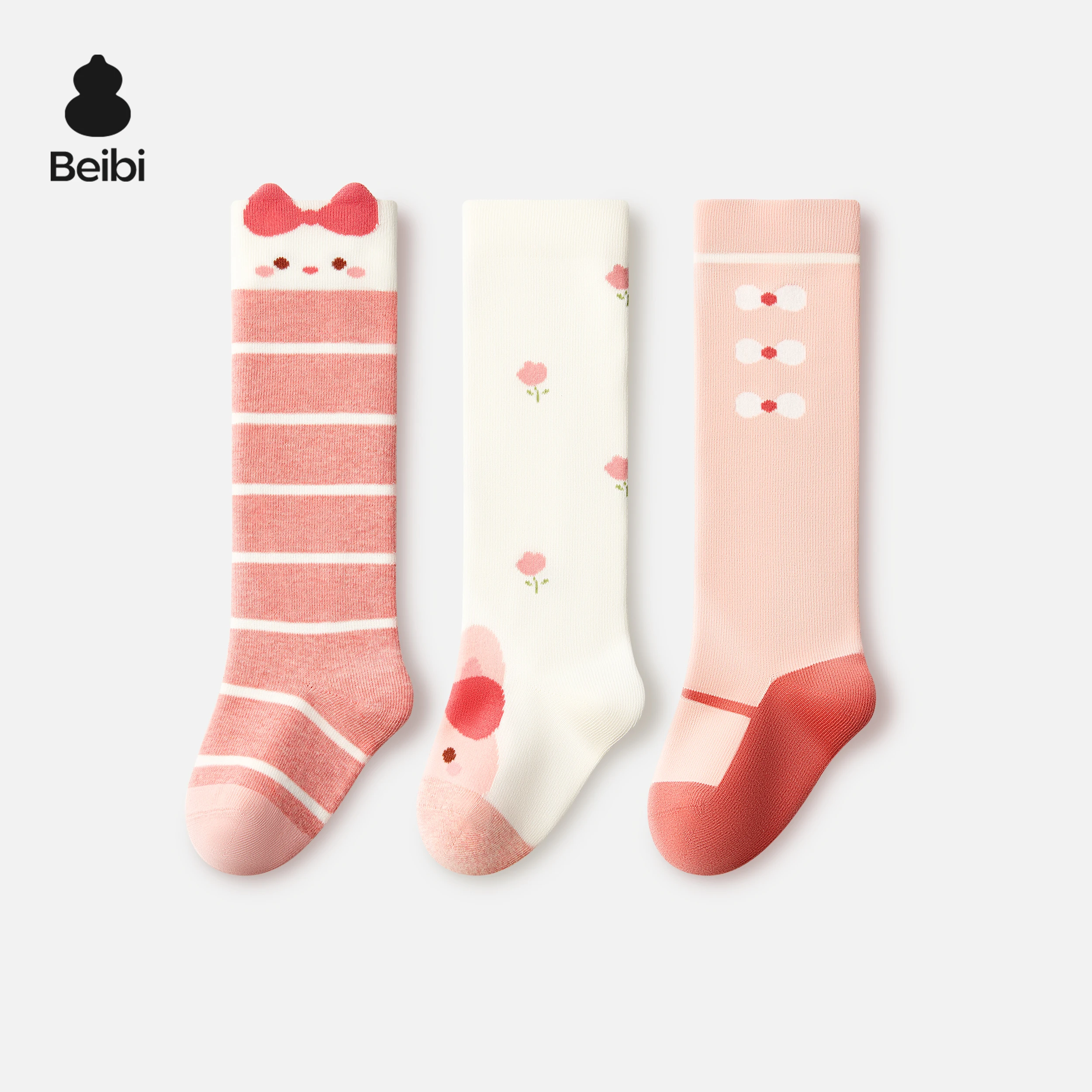 

Beibi 3-Pair Pack Girls' Pink Knee-High Socks Suitable for Spring, Autumn, and Winter For Children Aged 0-2 Years