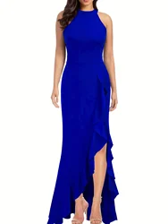 Halter Neck Ruffled Hem Sexy Dress Party Split Sleeveless High Waist Maxi Dress Slit Sleeveless Elegant Formal Dress