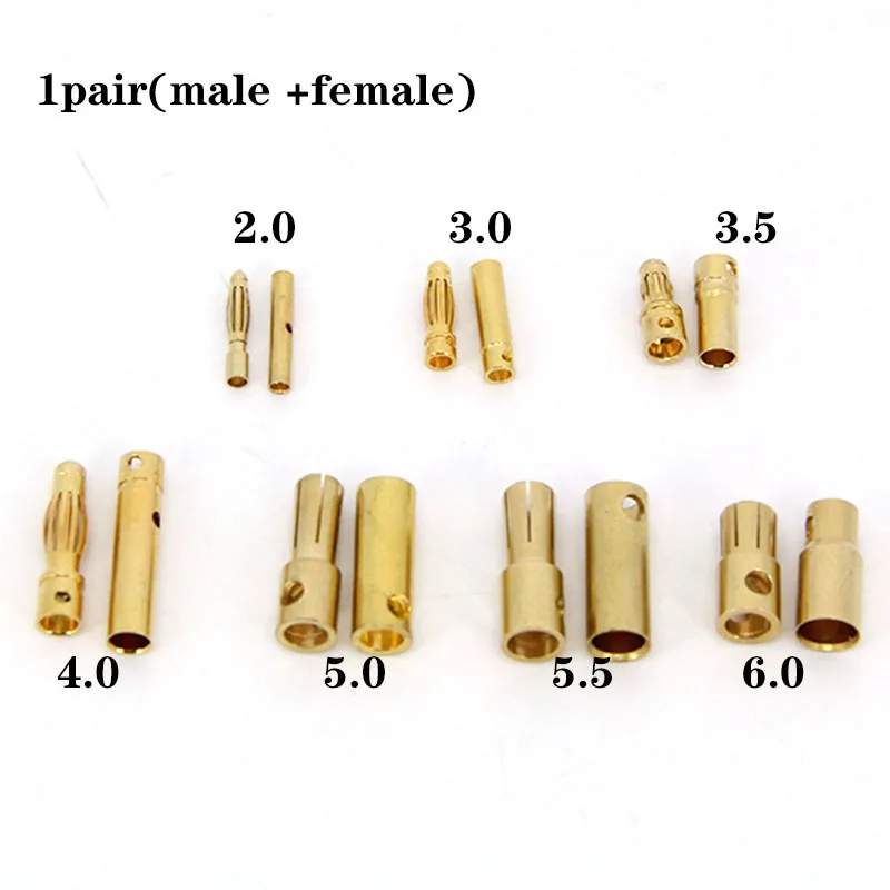 Bullet Banana Plug Gold-Plated Male and Female 2mm 3mm 3.5mm 4mm 5mm 6mm Connector Battery Plugs Kits for RC Battery Parts DIY L