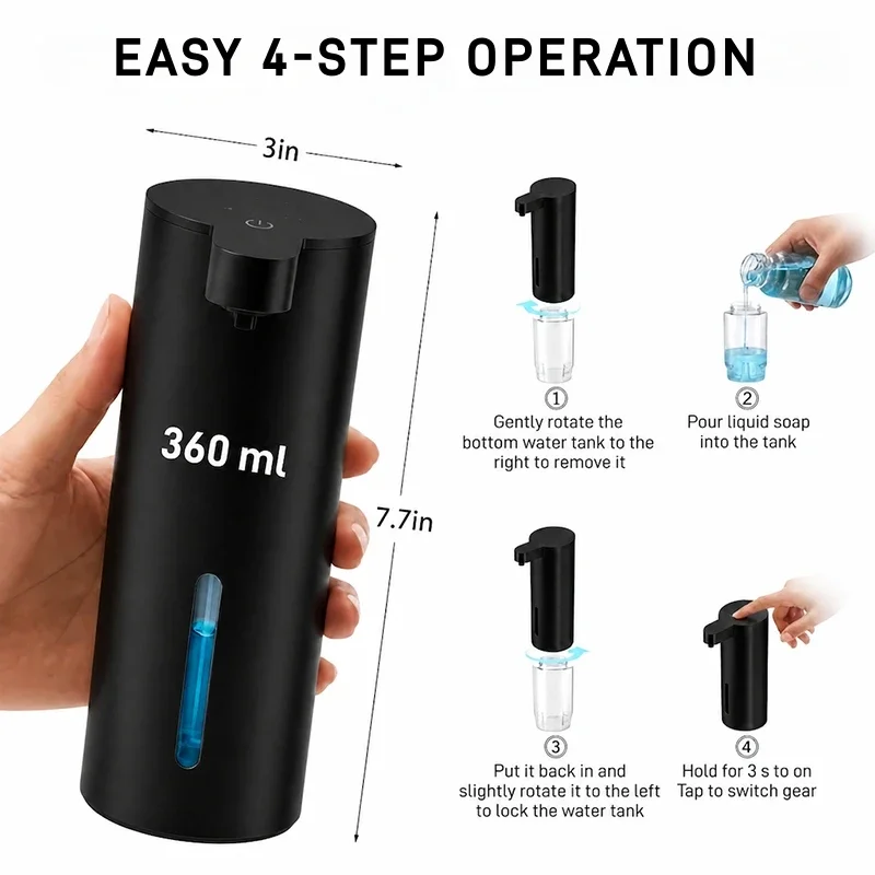 Hand Sanitizer Soap Dispenser 4 Level Touchless, 304 Stainless Steel Rechargeable, Kitchen Toilet Bathroom, 360ml, Wall or Desk