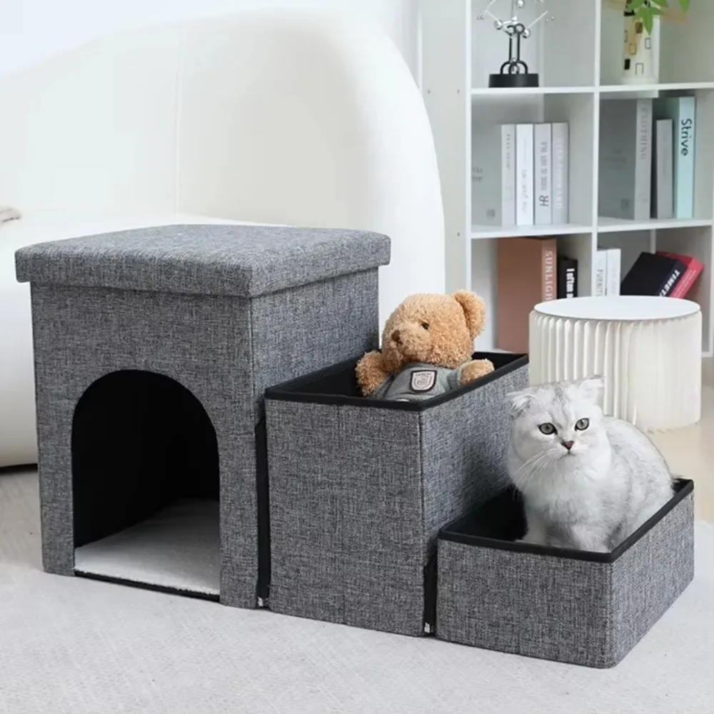 Foldable Thickened Puppy Stairs W/ Storage Box Strong Durable Dog Bed 3 Steps Stairs Ramp W/ A Hole Cat Bed for Dog Accessories