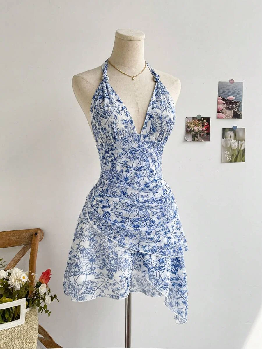

Women's Summer Blue Floral Mesh V-Neck Dress Sexy Elegant Sweet Slim Fit Casual Party Dress