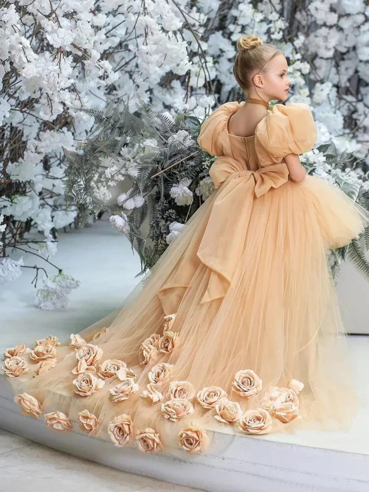 Vestido de tule rosa com tailing e arco para meninas, vestido de princesa com manga curta, para casamento, aniversário, banquete