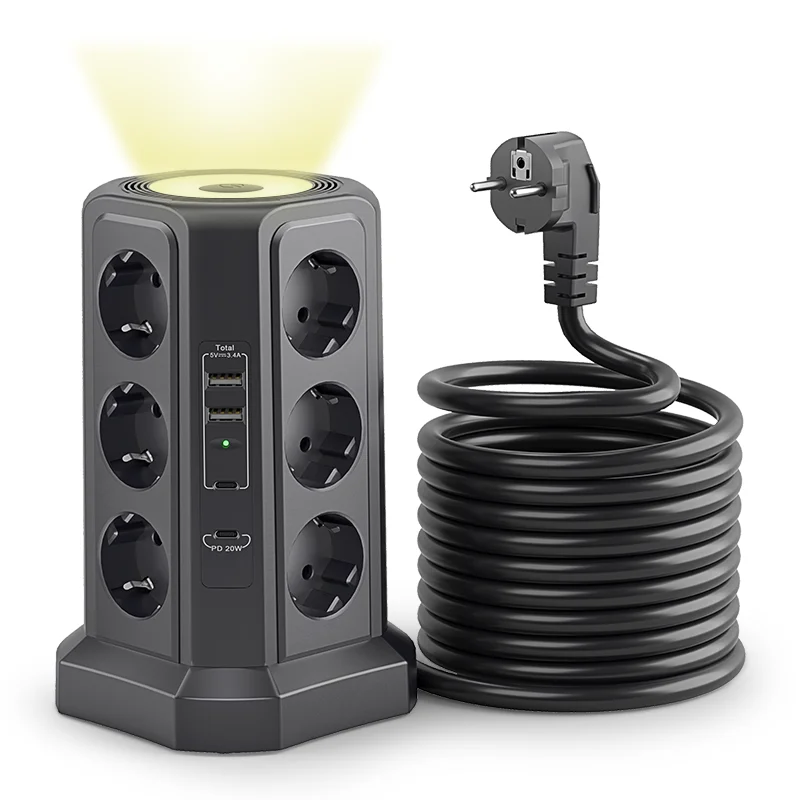 ADEA Eu Black Multi-socket Surge Protector 4000w 16a With Usb Port, Multi-plug With Night Light, With 1.8m Black Extension Cable