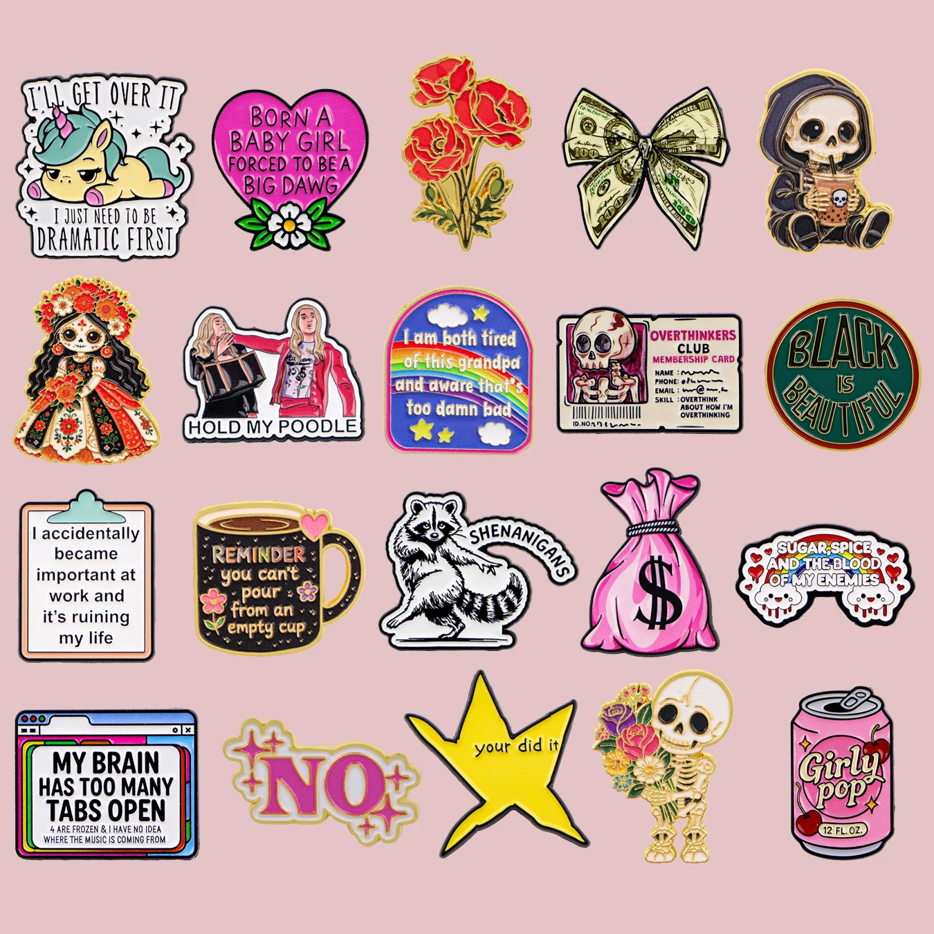 20pcs/set Aesthetic Text Enamel Pin Cartoon Skeleton Animal & Floral Brooch Funny Saying Lapel Badge for Backpack Hat Accessory
