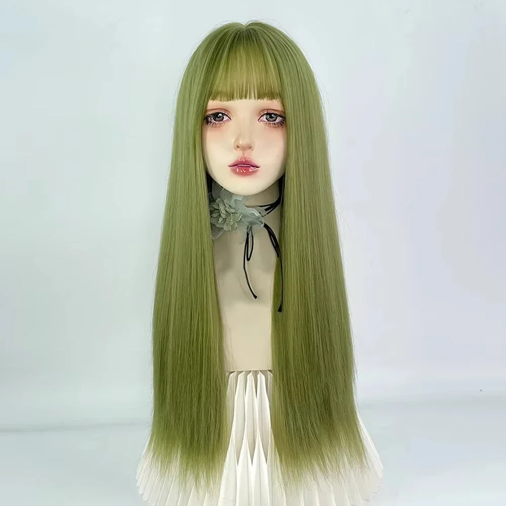 باروكة نسائية صناعية طويلة مستقيمة باللون الأخضر من GAKA مع غرة لوليتا كوسبلاي شعر منفوش مقاوم للحرارة للحفلات اليومية #3