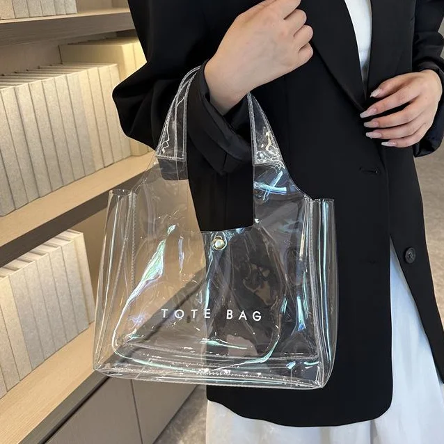 

PVC Transparent Tote Bag for Women Jelly Handbag Waterproof Shoulder Purse for Shopping Picnic Beach Fashionable Use